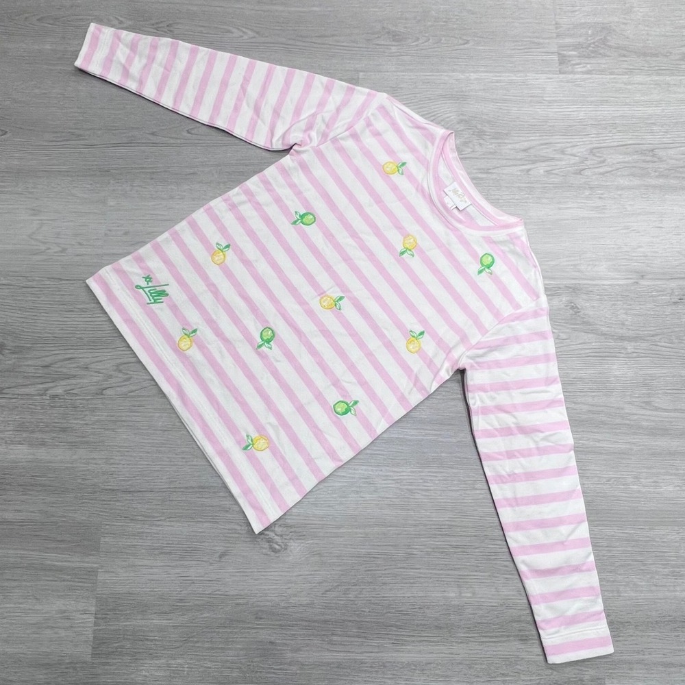 Lilly Pulitzer Girls Pink White Striped Lemon Lime Embroidered Top M 6-7 017832
